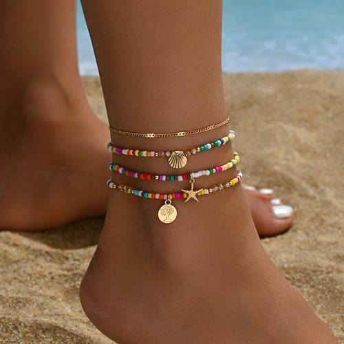 4pcs summer golden seashell tree of life multicolored beaded elastic cord anklet set bohemian style multicolor and contrasting beaded multi layer stackable anklets for women summer daily beach vacation rice bead anklets