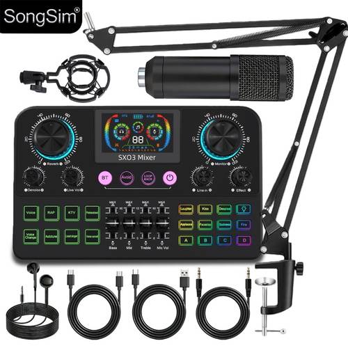 songsim set professionale per podcasting - attrezzatura completa con scheda audio, microfono e supporto, connessione wireless, della voce e 8 modalità di riproduzione diverse, per live streaming e registrazione karaoke