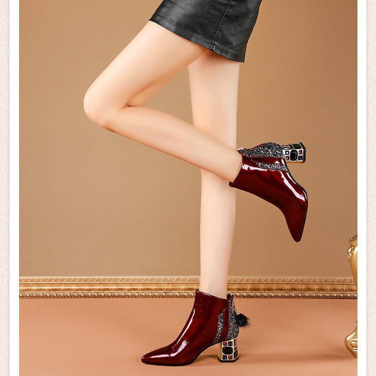 Women's Plus-Size Chunky Mid-heel Ankles Boots - Pointed Toe Zipper Closure Party Boots in Burgundy/Red, Synthetic Cover Outfits Shoes for Formal Events, Everyday & Special Occasions - Hand Washable, Formal Footwear, Rhinestone Embellishments, Textured Finish