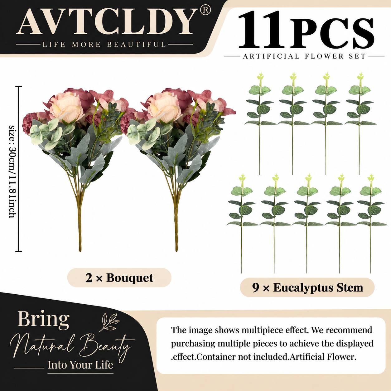TEMU 11pcs Artificial Peony Bouquet - Faux Rose And Bouquet In Soft Pink/beige/white/lavender/peach Tones, Realistic Floral Arrangement, Suitable For