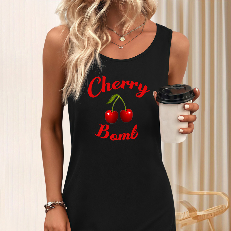 

1pc Women's Summer Sleeveless Dress, Polyester Knit Fabric, Crew Neck, Heart Print, Peplum Style, Machine Washable - Soft Comfortable For Home Or Travel