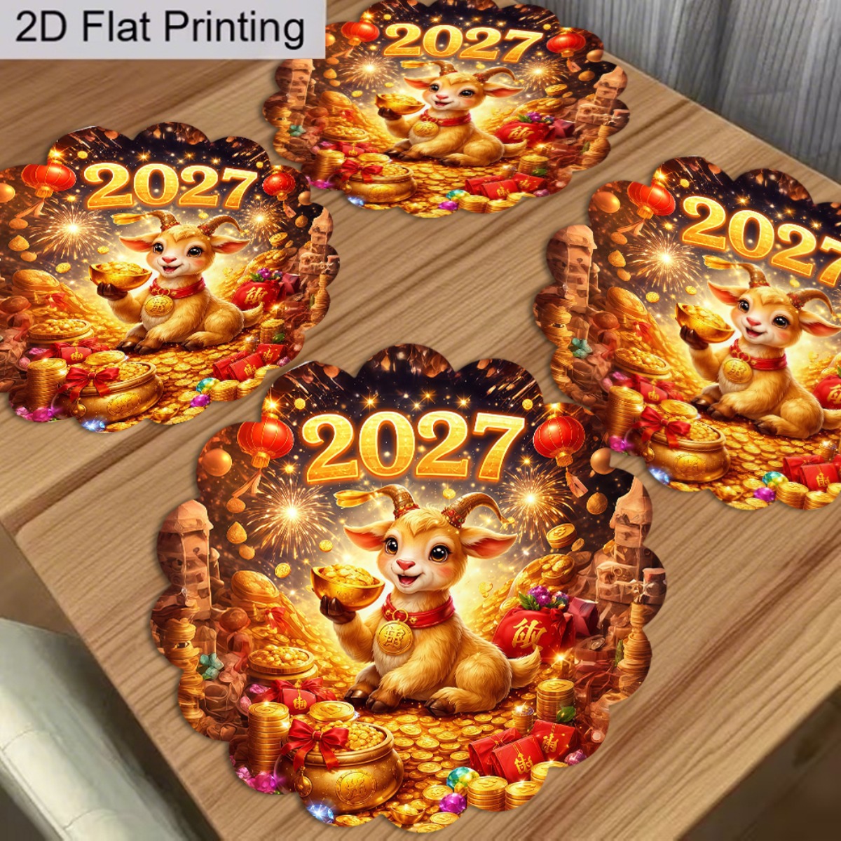 TEMU 4pcs Set Round Placemats, 2d Flat Printed (not 3d), 2027 Year Of Wealth-attracting Printed Round Placemats, Polyester Material, Dining
