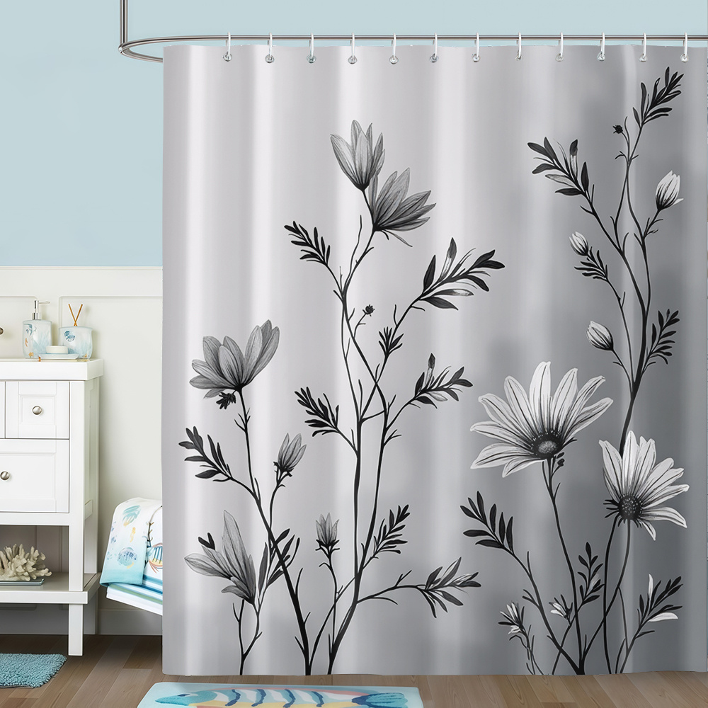 TEMU 1pc Black And White Floral Pattern Printed Shower Curtain, Easy And Decor Bathroom Curtain, Includes 12 Hooks, Suitable For Window, Wall,