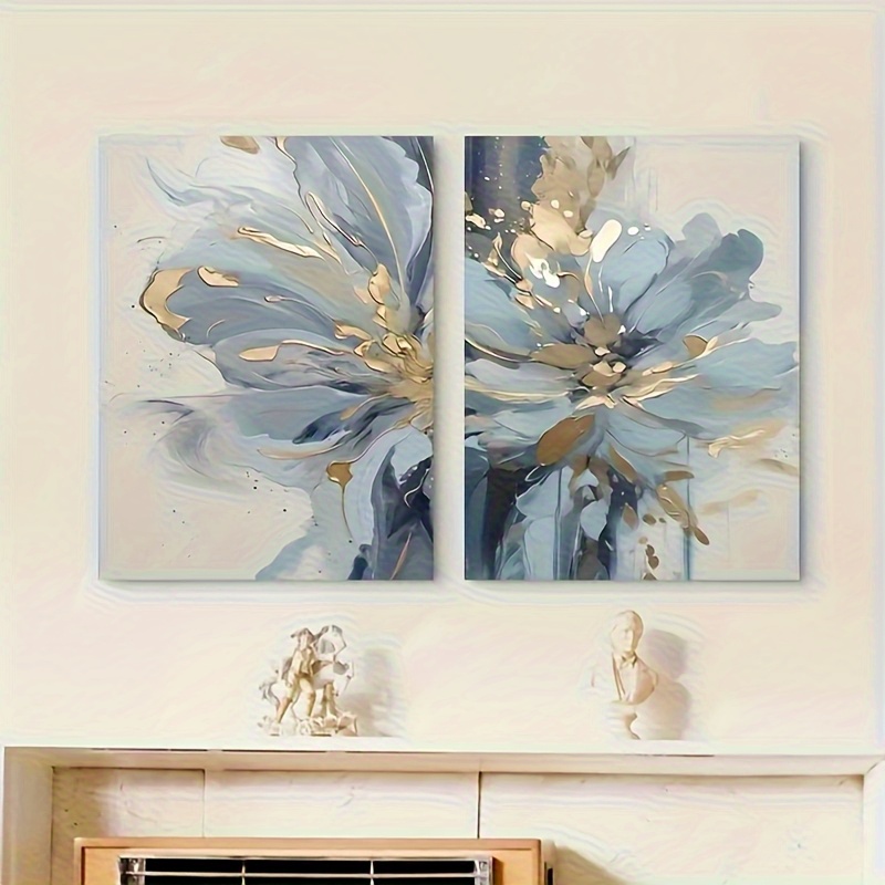 TEMU [Tableaux] 2D Plat 2 pièces Art Mural Moderne Floral sur Toile - Impression & Doré, Cadre en Bois Recyclé, Toile Enroulée pour Salon, Bureau,