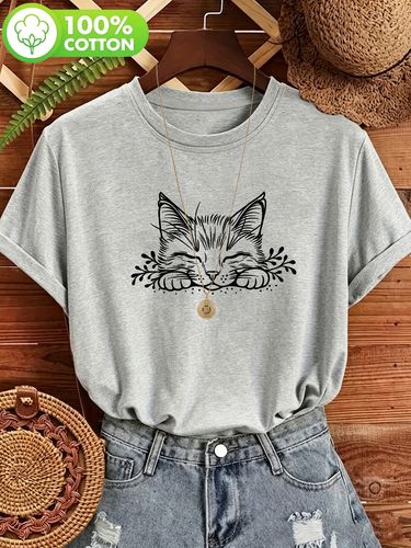 Camiseta para mujer 100% con estampado de gato durmiendo en dibujo lineal vintage | Estampado floral de gato relajado, camiseta transpirable de estilo casual, top holgado casual de manga corta, ideal para viajes diarios y regalos, ropa para amantes de las mascotas, cómoda de llevar