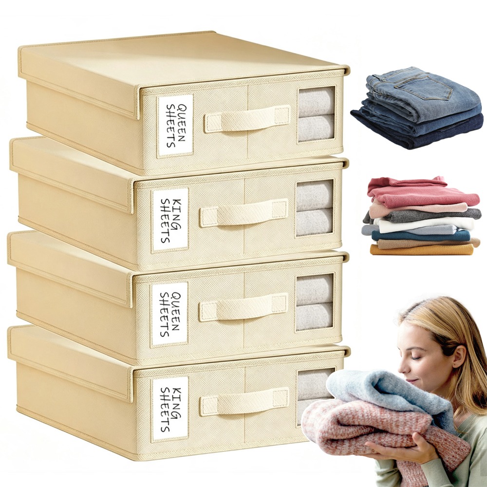 Image of 4pcs Foldable Fabric Storage Box Suitable For Bedding, Blankets & Clothes With Labelled Lid Compatible For Bed Sheet Storage, Blanket Box, Under-bed, Space-saving For Bedroom Clothes Preservation