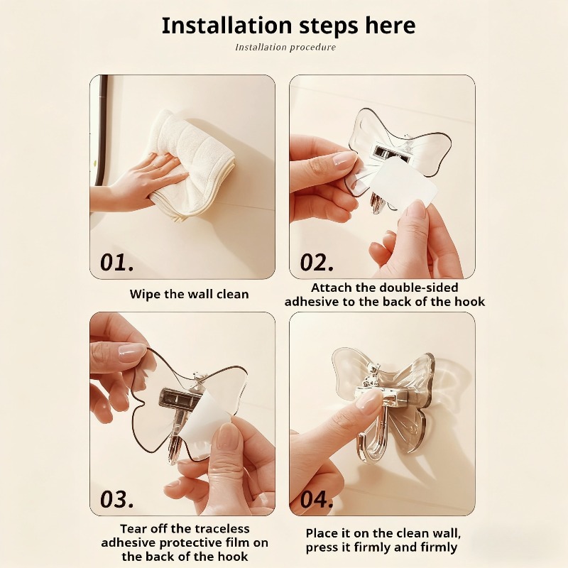 Butterfly Self Adhesive Hooks - No Drill, Easy Install Waterproof for Bathroom, Kitchen (Holds Towels, Robes, Organizers), Utility Hooks