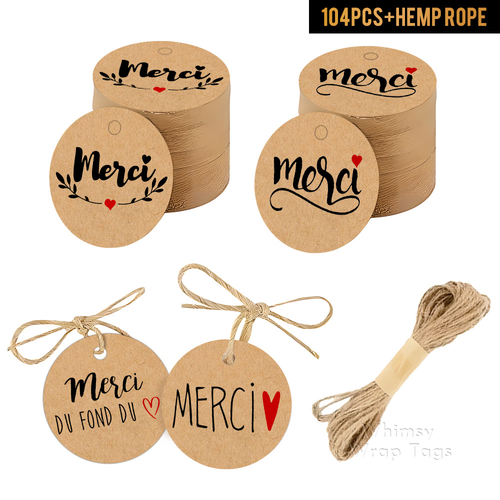 TEMU Lot de 104 Étiquettes Rondes de Remerciement en , avec Corde de , Motif de Gratitude en Français, Convient pour Étiquetage de Cadeaux de Fête,