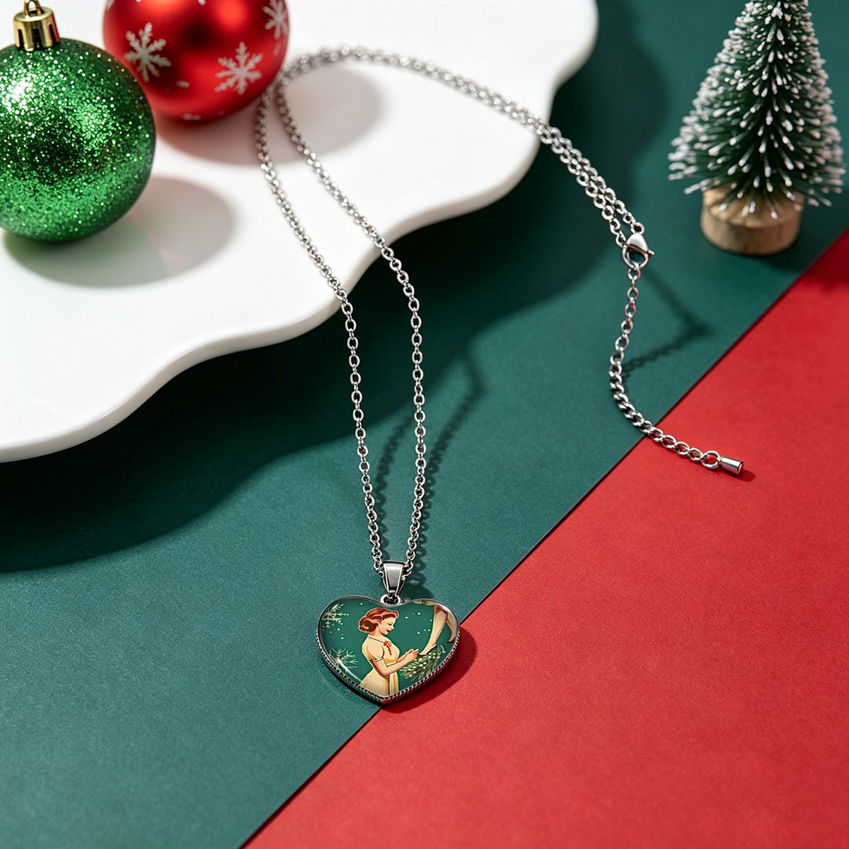 Heart Pendant Stainless Steel Necklace with Christmas Holly Pattern