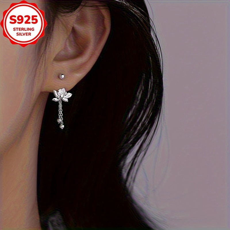 pair of elegant s925 sterling silver for lotus tassel earrings retro   hypoallergenic   daily wear and   Product details 4