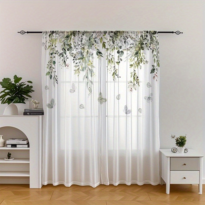 TEMU Ensemble de 2 rideaux de fenêtre avec un motif aquarelle de feuilles et de papillons, parfaits pour les cuisines, les cafés, les salons, les