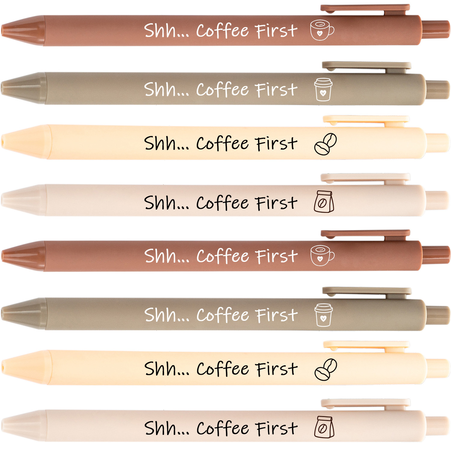 TEMU Balpennen met koffiethema, 8-pack Shh- grappige motiverende citaatpennen, bruine esthetische pennenset, schattig koffieboon koffiekop ontwerp