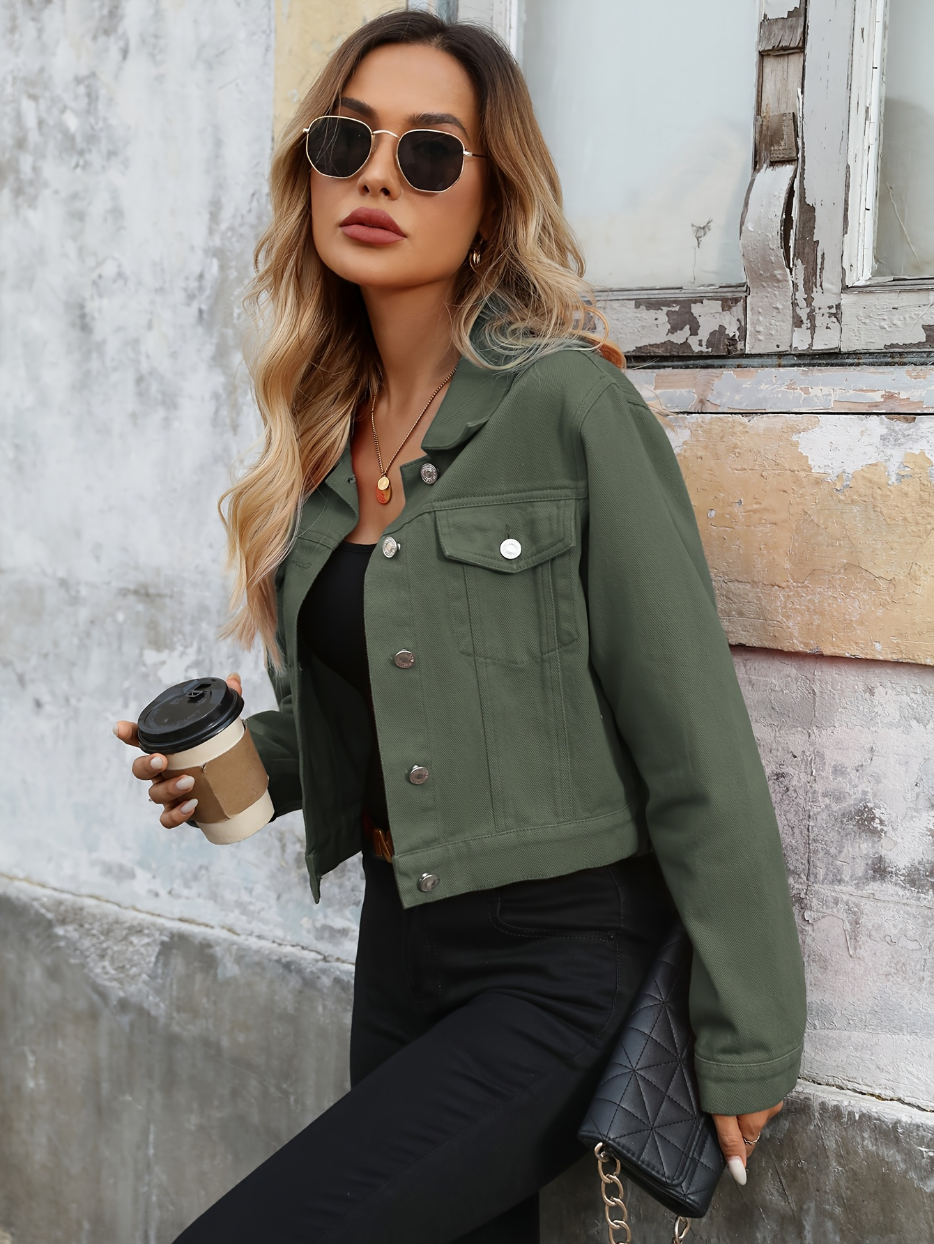 womens elegant olive green short denim jacket long sleeve Temu