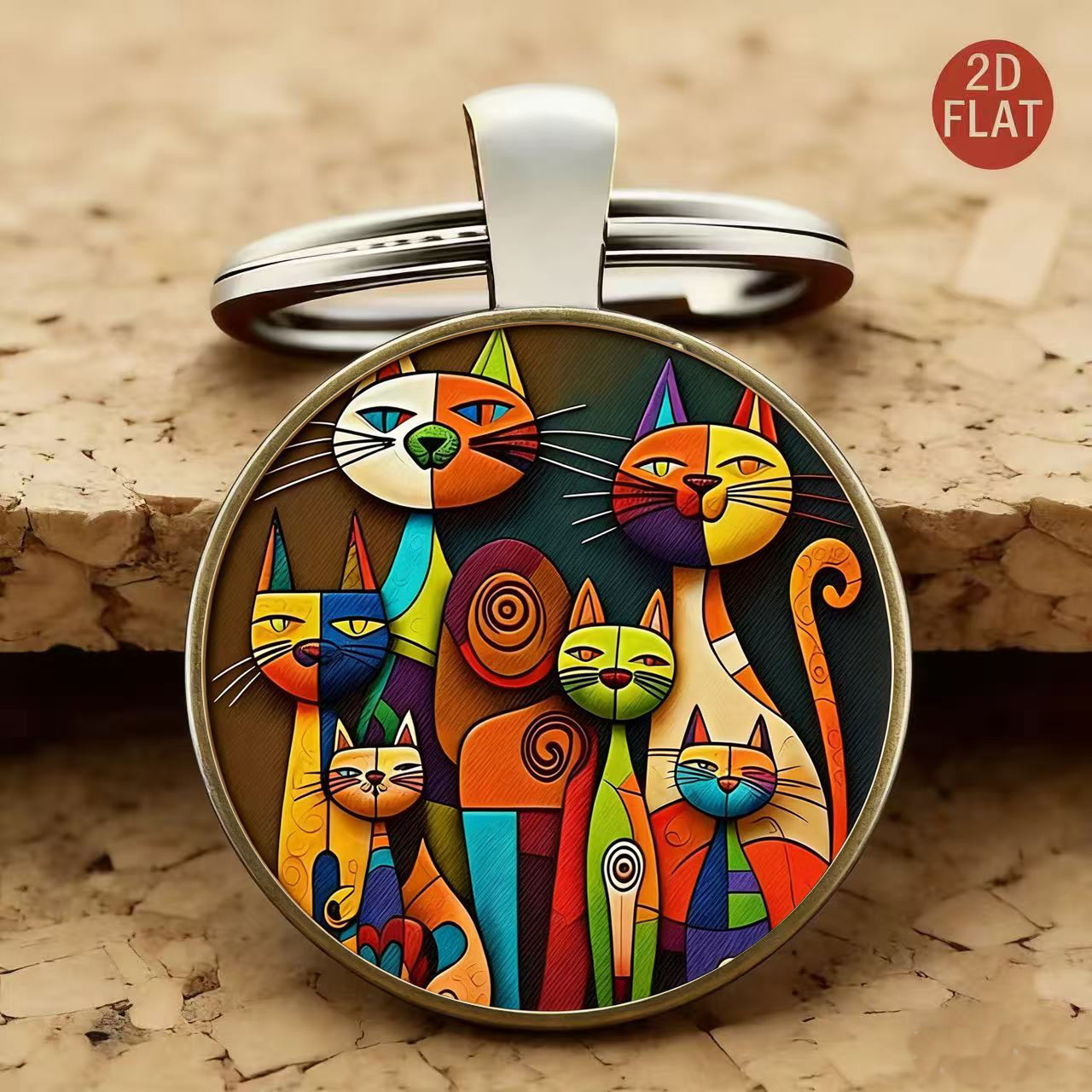 2d Plane Colorful Abstract Cat Pattern Keychain, Fashion Accessory, Round Glass, Alloy Key Ring, Unisex, Suitable For Bags, Keys, Anniversary Gifts, Valentine's Day, Christmas, Perfect Gift For