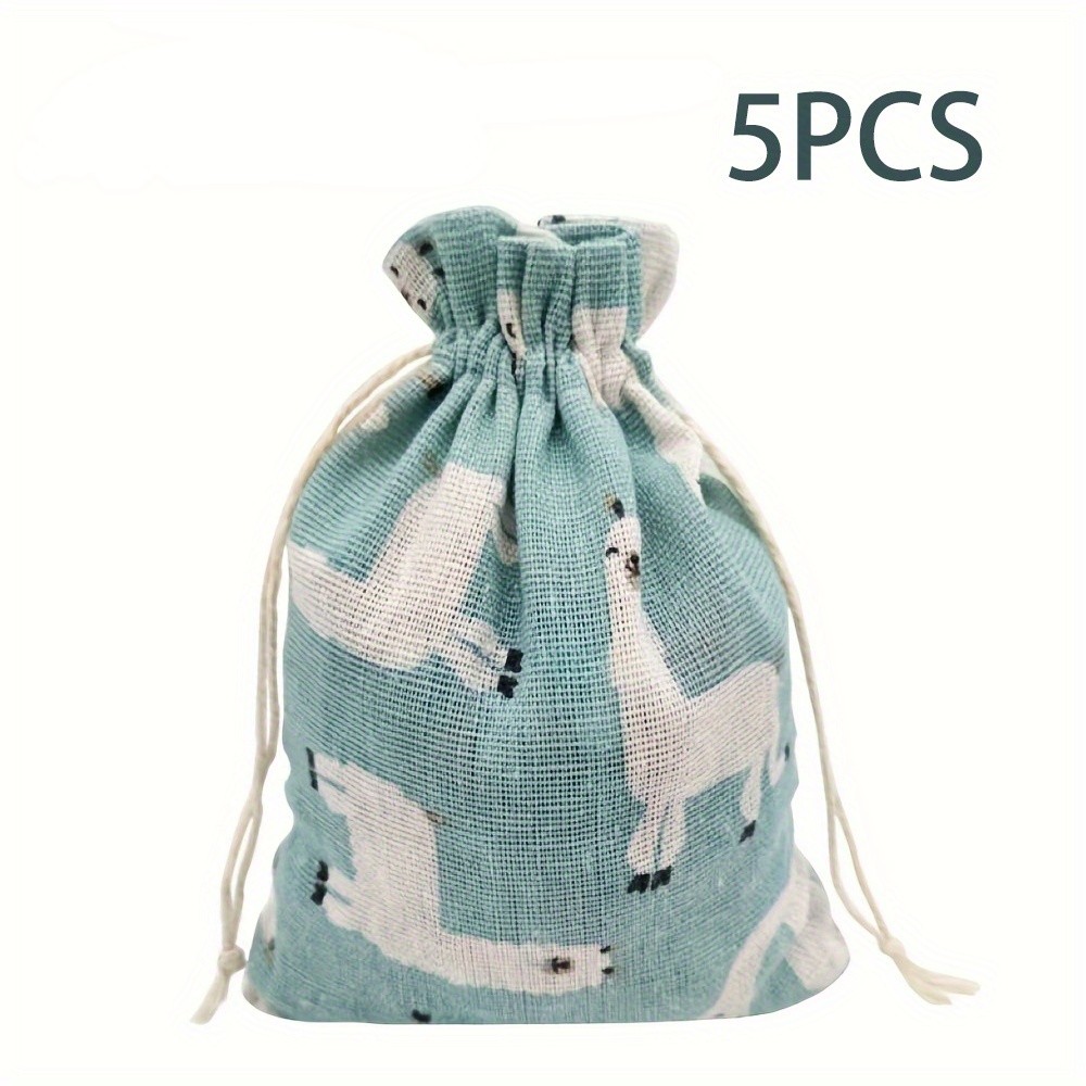 Image of Gift For Her/him Set Of 5 Drawstring Gift Bags Featuring An Alpaca Print, Made From Reusable Linen With Blue And – Ideal For Weddings, Anniversaries, Birthdays, And Festive Occasions