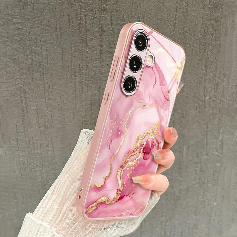 Samsung - Husa din Sticlă cu Model Marmorat Roz-Aurit, Design Elegant și Protecție Premium-Samsung S24