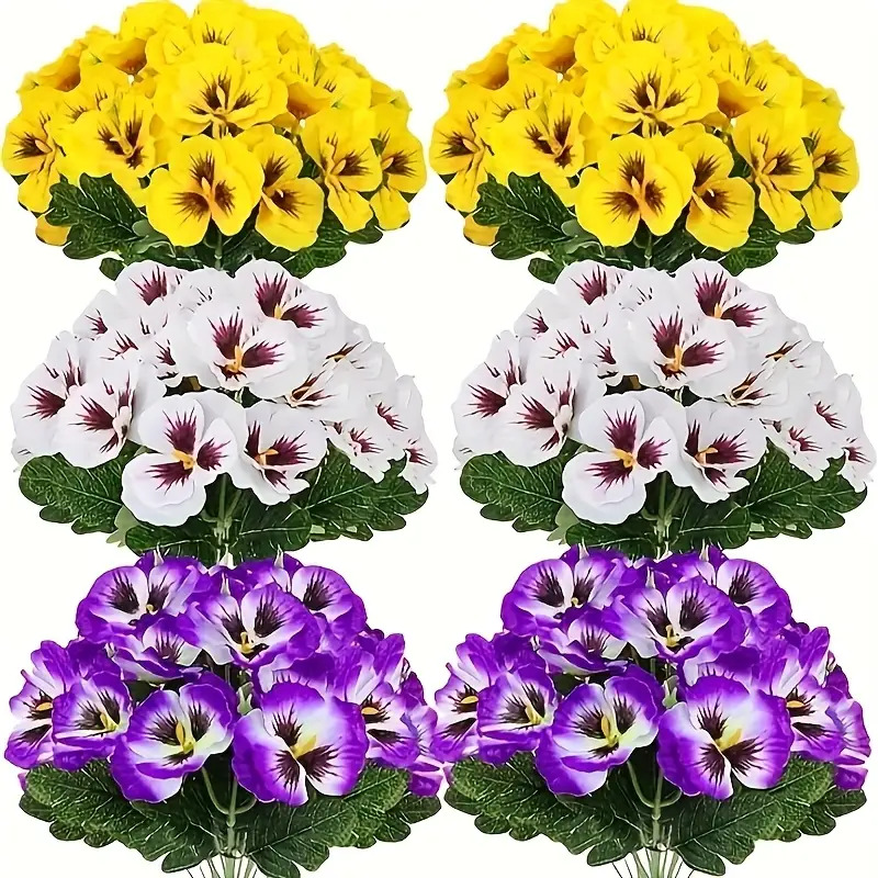 6 bunches realistic artificial pansy flowers weather resistant plastic   for indoor outdoor use low maintenance home garden decor white purple yellow colorful display no container needed artificial flowers for outdoors outdoor floral arrangement   arrangement maintenancefree   summer floral decor durable floral arrangement     decorative   interior designers
