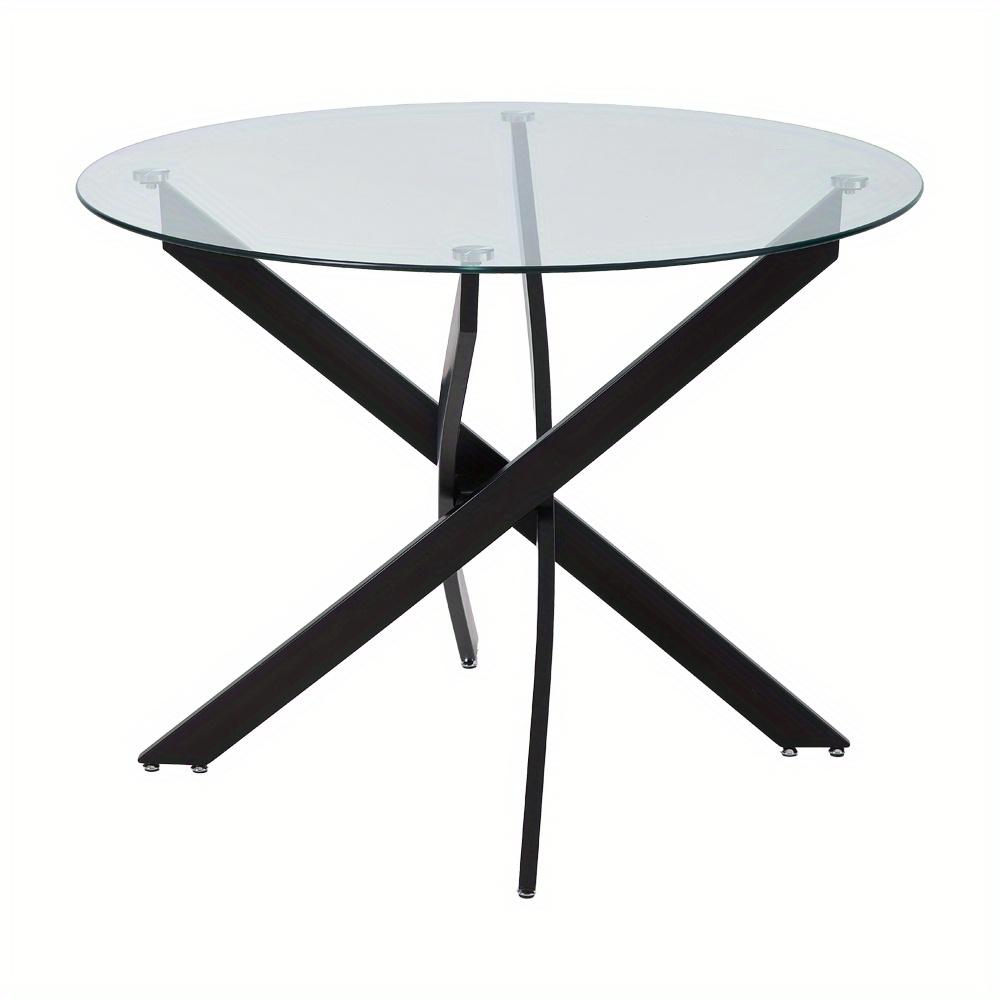 TEMU 100cm Round Tempered Glass Dining Table With Black Metal Legs - Modern -one Kitchen Table, Coffee Table & Sofa Side Table, Space-saving Design