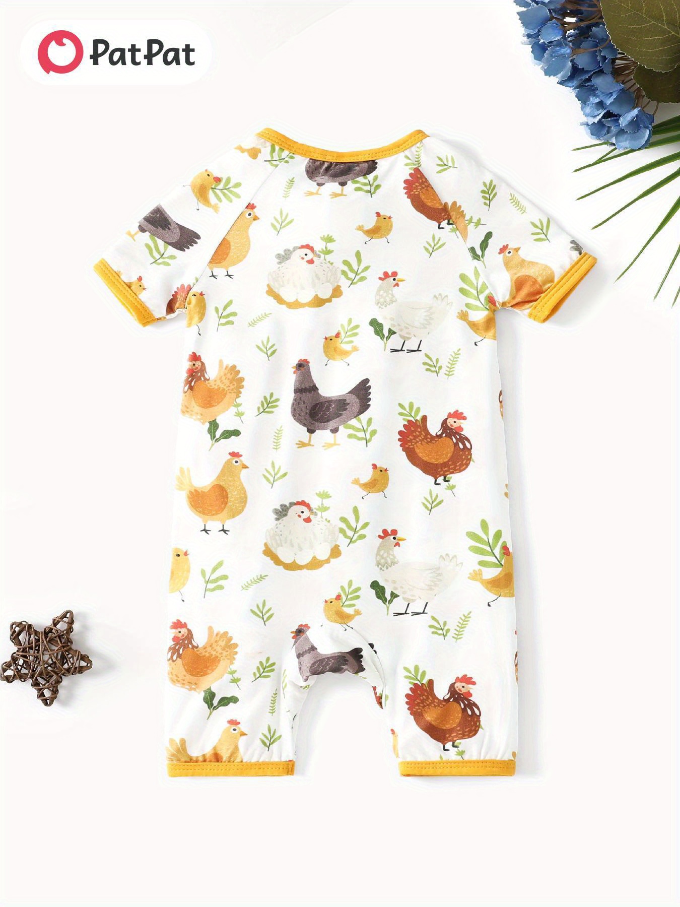 Baby Boys Girls Bamboo Fiber Short-Sleeve Zipper Romper Farm  Animal Print with Chickens Green Foliage, Summer Casual