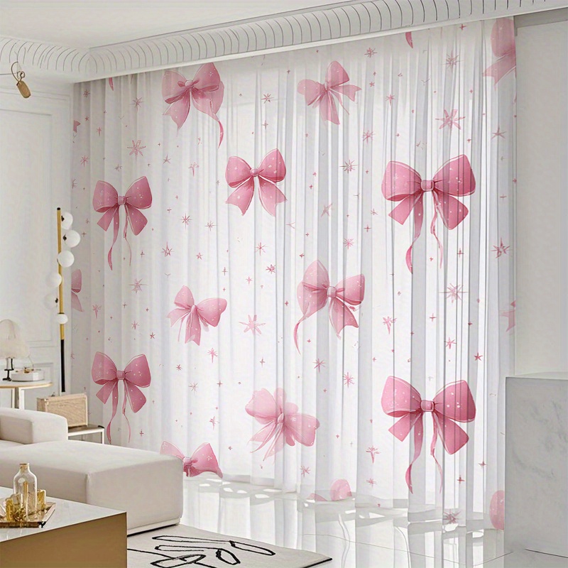 TEMU 2pcs Sweet-style Transparent Curtains With Pink Bow Pattern - Light, Protects Privacy, Features Rod--season , Multi-functional Home Decor,