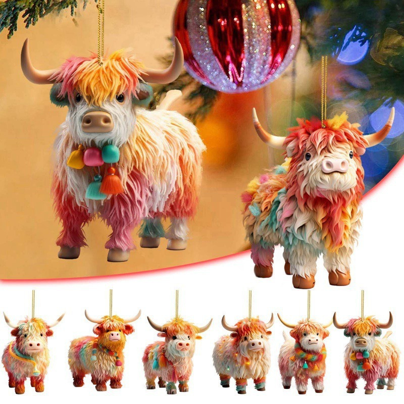 

12pcs Highland Ornaments - White Acrylic Yak & Tree Decorations, Plush Fabric Holiday Gift Hangings