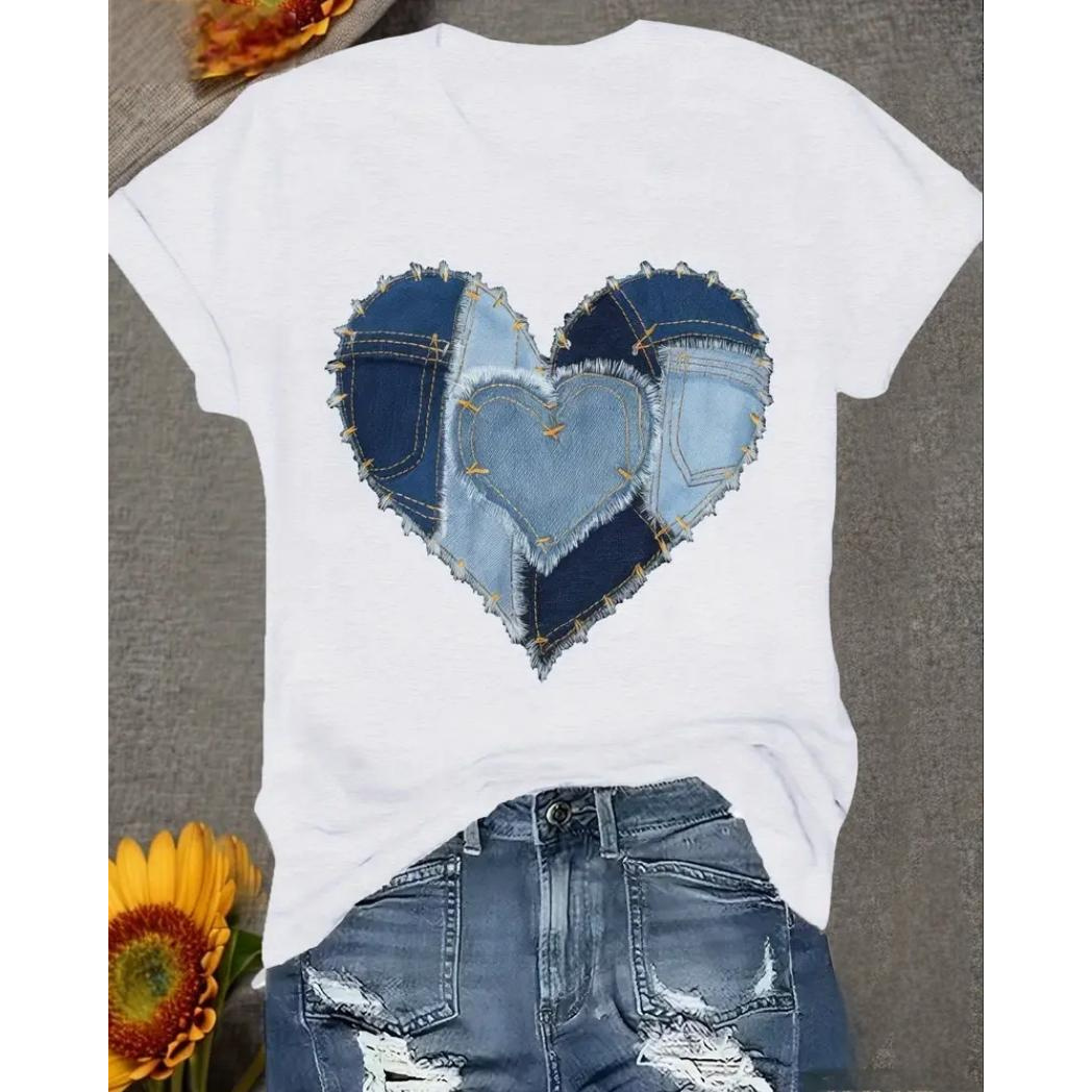 

Plus Size Women's Casual T-shirt With Heart-shaped Denim Patch Design - 100%, Short Sleeve, Round Neck, Machine Washable, All , Plus Size Blouses