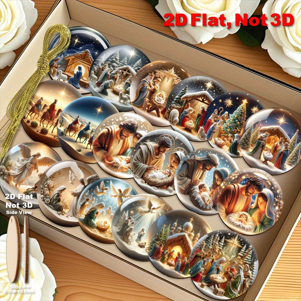 2D Flat, 18pcs Nativity Micro Scene Ornaments - 2D Flat Wooden Pendants with 3D Effect, Birthday Party Decorations, No Electricity Needed, for Christmas, New Year, Wedding Backdrops, Halloween, Thanksgiving - for home & Event Decoration