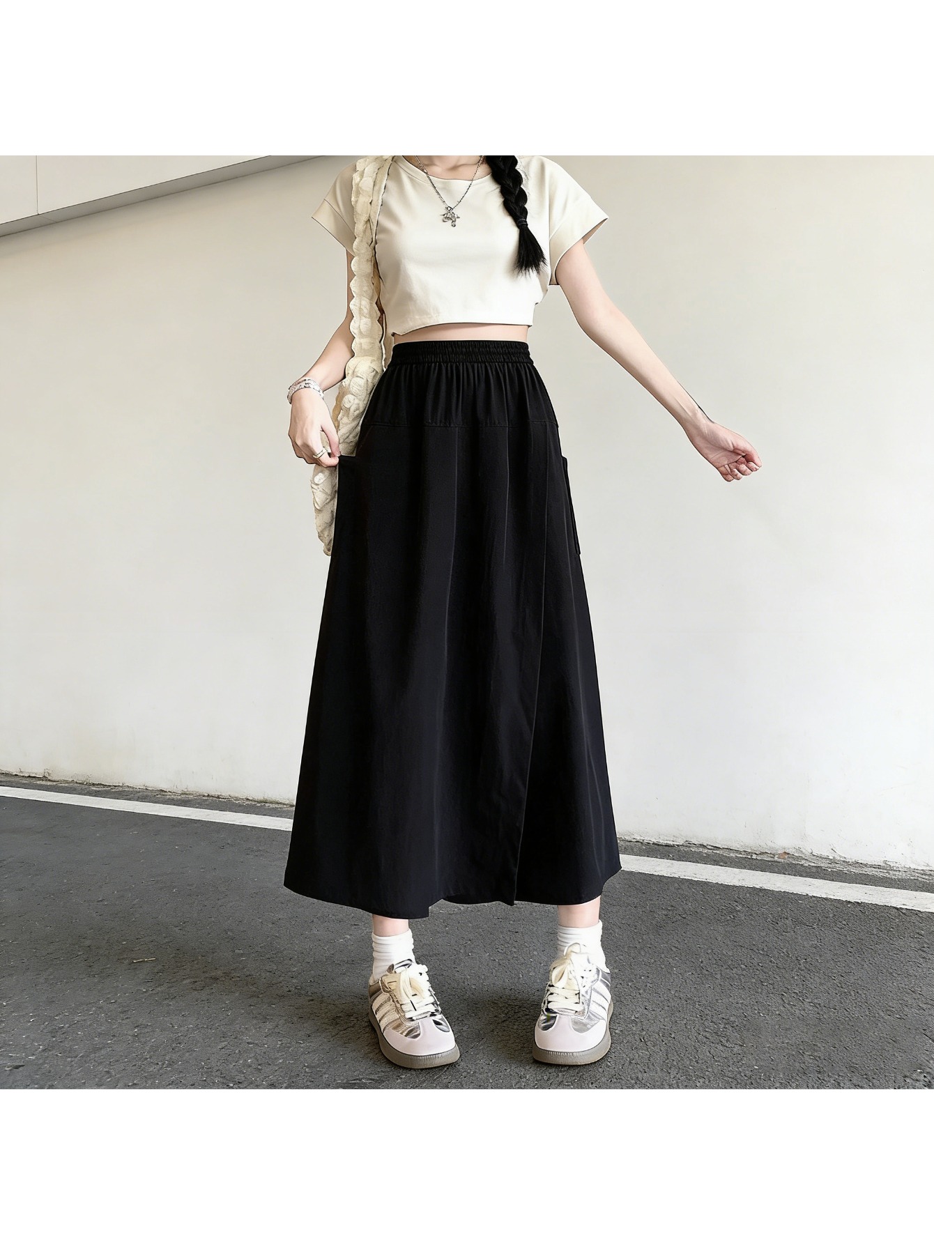 women korean style high waist wide leg skirt pants elastic waist loose cropped trousers with side pocket beltless suitable for daily wear casual outfits machine washable wide leg pants