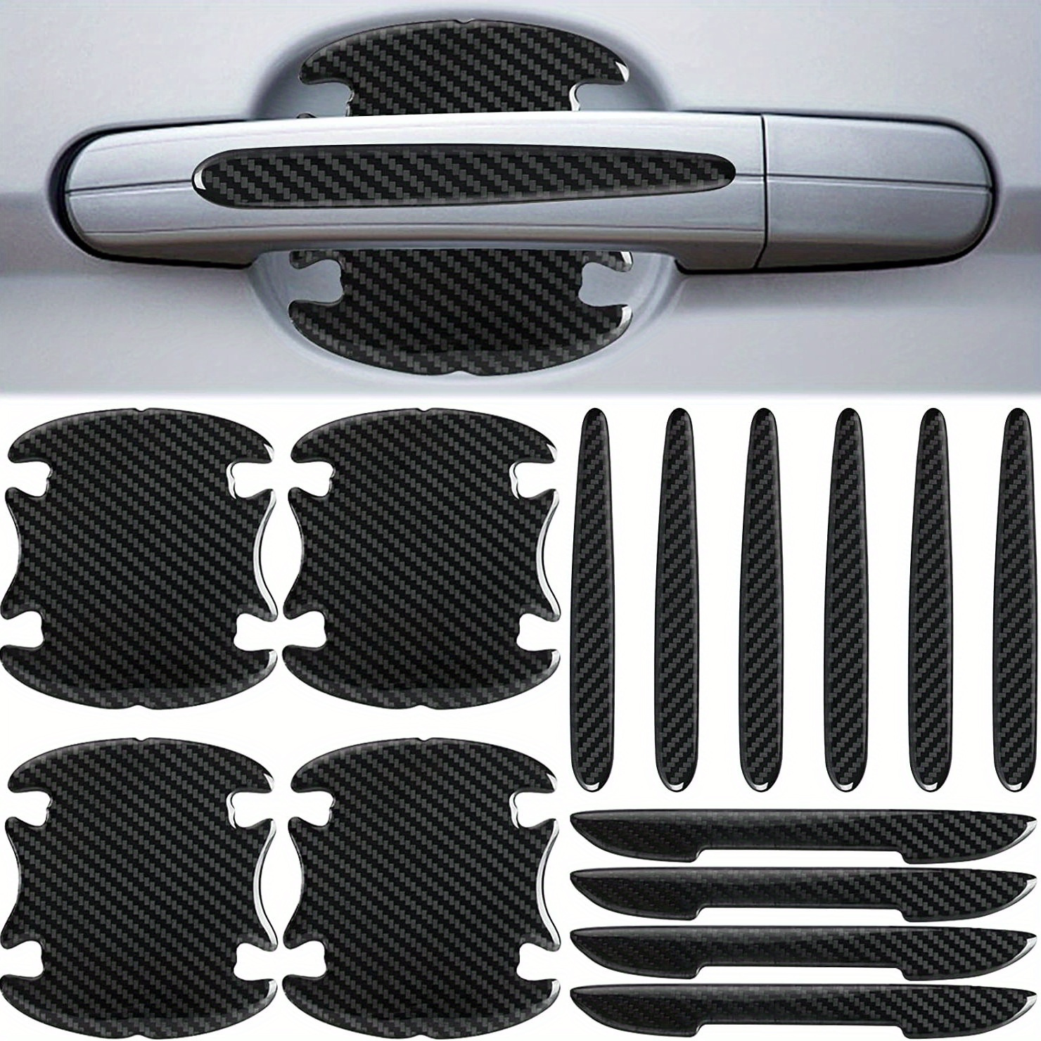 Image of 14pcs Car Door Handle Cup Anti-scratch Protector, Carbon Fiber Pattern Anti-scratch Film, Universal Car Door Bowl/side Door, Suitable For Sedans, Suvs, Cars