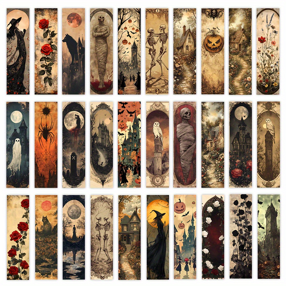 TEMU 32pcs, Vintage Horror Bookmarks, Dark Aesthetic, Halloween Bookmarks, , Mysterious Patterns, Individual Bookmarks, To Pages, Anime Hand-drawn,