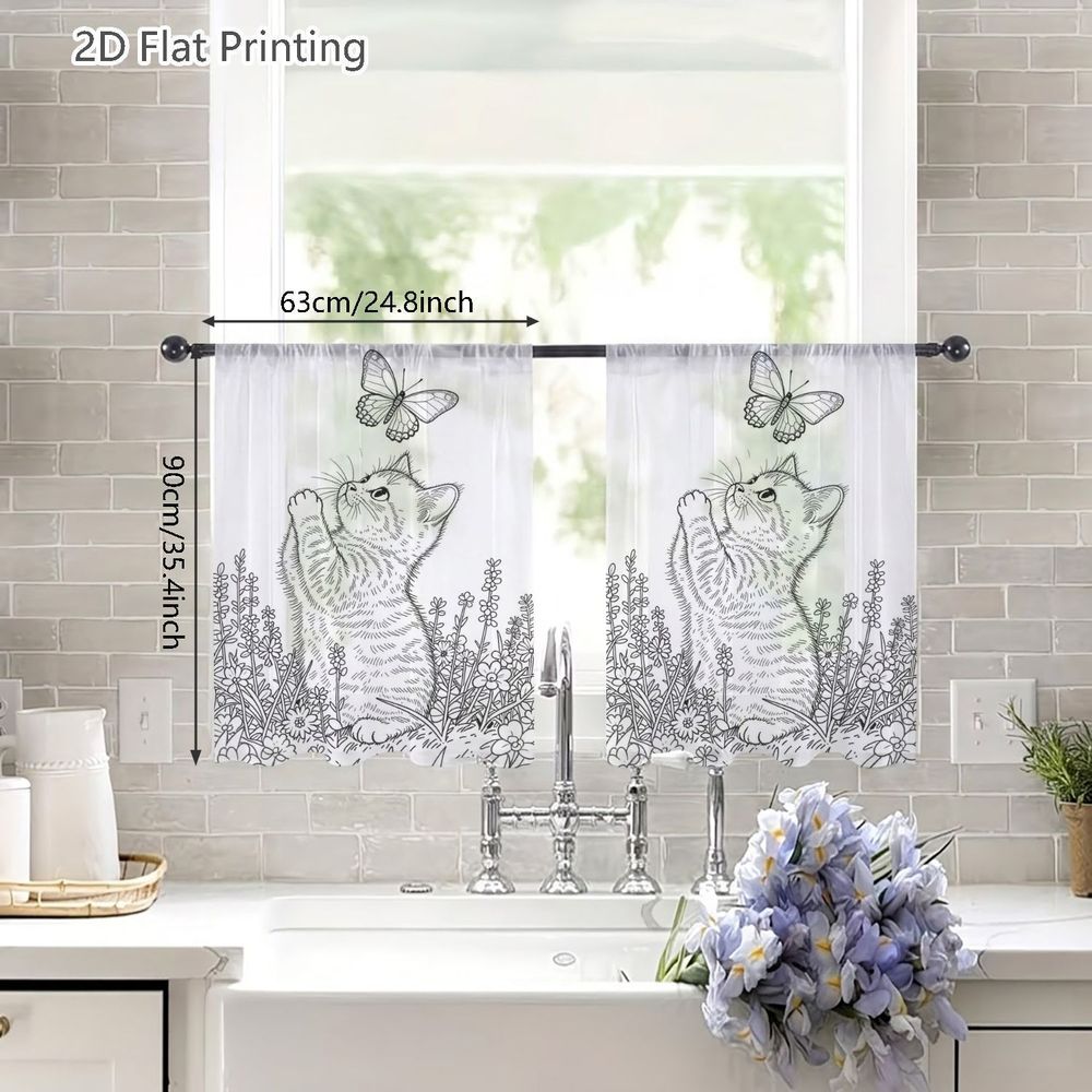 TEMU 2D Plat, 2pcs Rideaux Voilages Semi-Transparents, Imprimé Motif Fantaisiste Chaton Papillon Jardin, Rideaux Décoratifs pour Cafés, Salon,