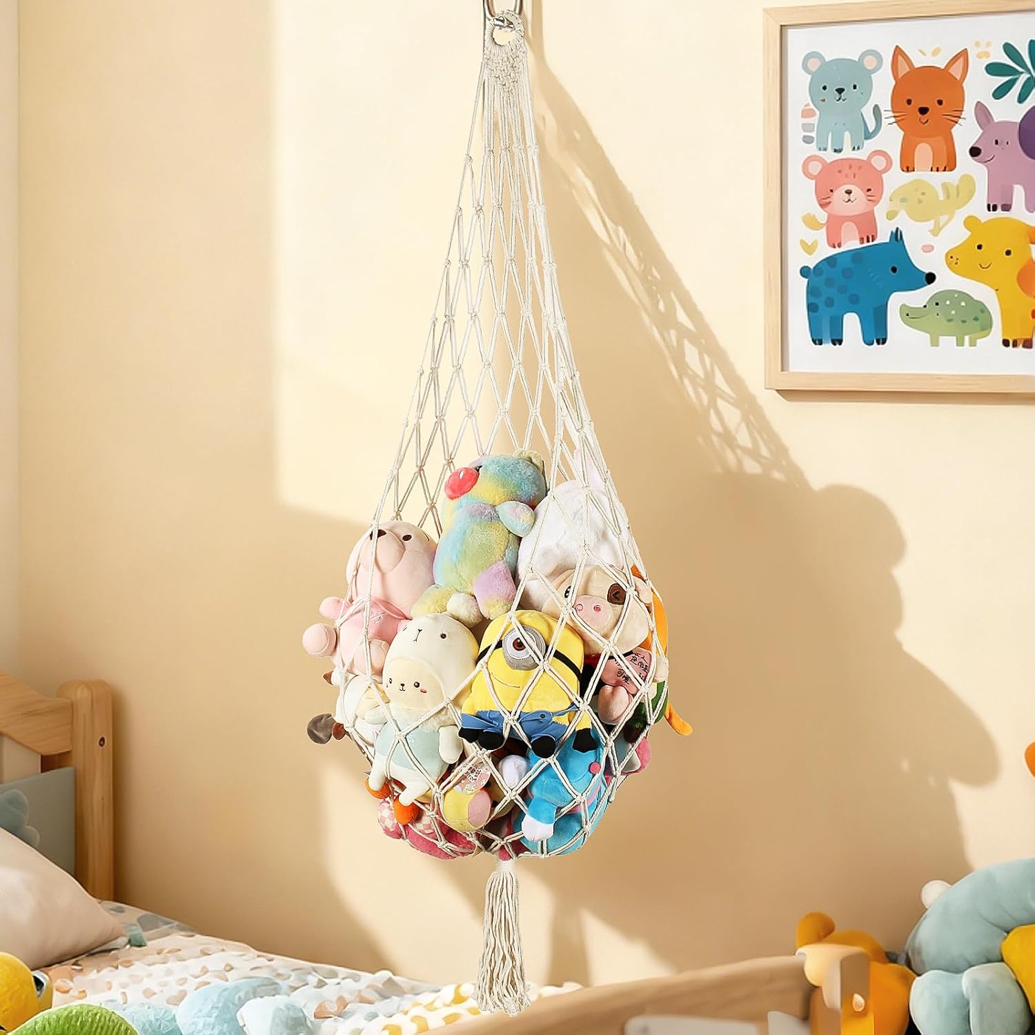 6 5ft h stuffed animal storage stuffy toy hammock corner hanging net macrame display plush toy wall hanging with one hook fabric organizer and storage toy holder for nursery kids room bedroom decor Product details 3