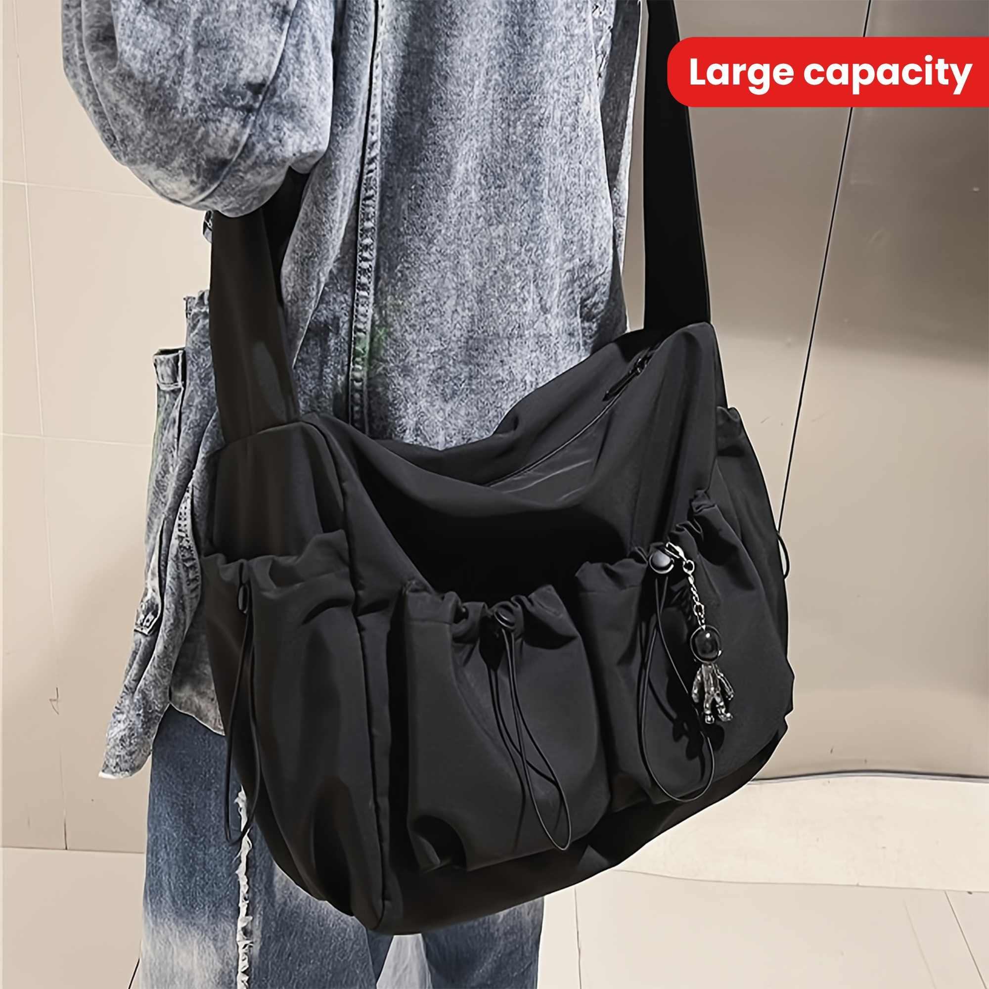 ハンドバッグ   Women's CKJ Drawstring Shoulder Bag Black 4K302 drawstring detail crossbody bag large capacity shoulder bag