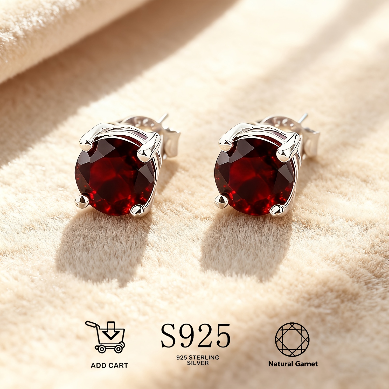 TEMU Natural Garnet S925 Silver Stud Earrings, Hypoallergenic, Lightweight, And Durable, Sexy And Elegant Ear Accessories, Birthstone