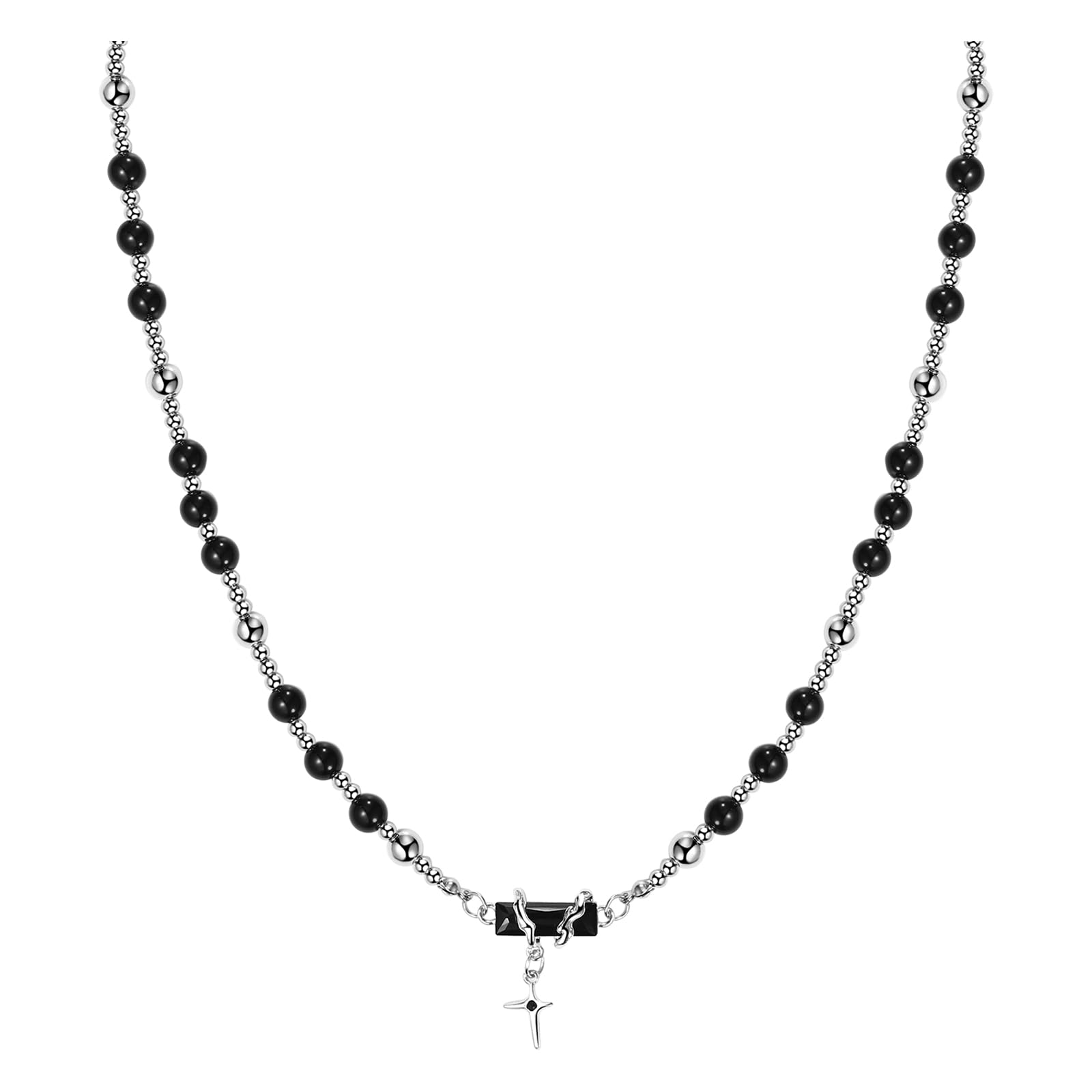 Jewelrywe Unisex Stainless Steel Necklace: Silvery Cross Pendant Adjustable Natural Stone Beaded Necklace For Men Women