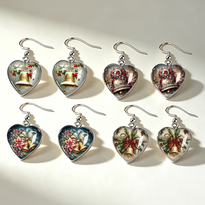 TEMU 4 Paires de Boucles d'Oreilles Pendantes Crochet de Cœur avec Illustration de Noël de Houx et de Cloches, Bijoux en Verre Tendance, Cadeaux pour