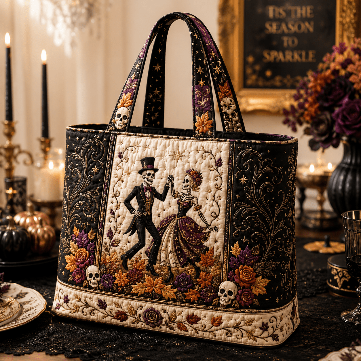 Image of 17 X 15 Inch Quilted Tote Bag For Women Skeleton Dancing Couple Halloween Gothic Floral Pumpkin Embroidery Vintage Style Soft Handheld Bag Large Capacity Travel Work School Gym Daily Use