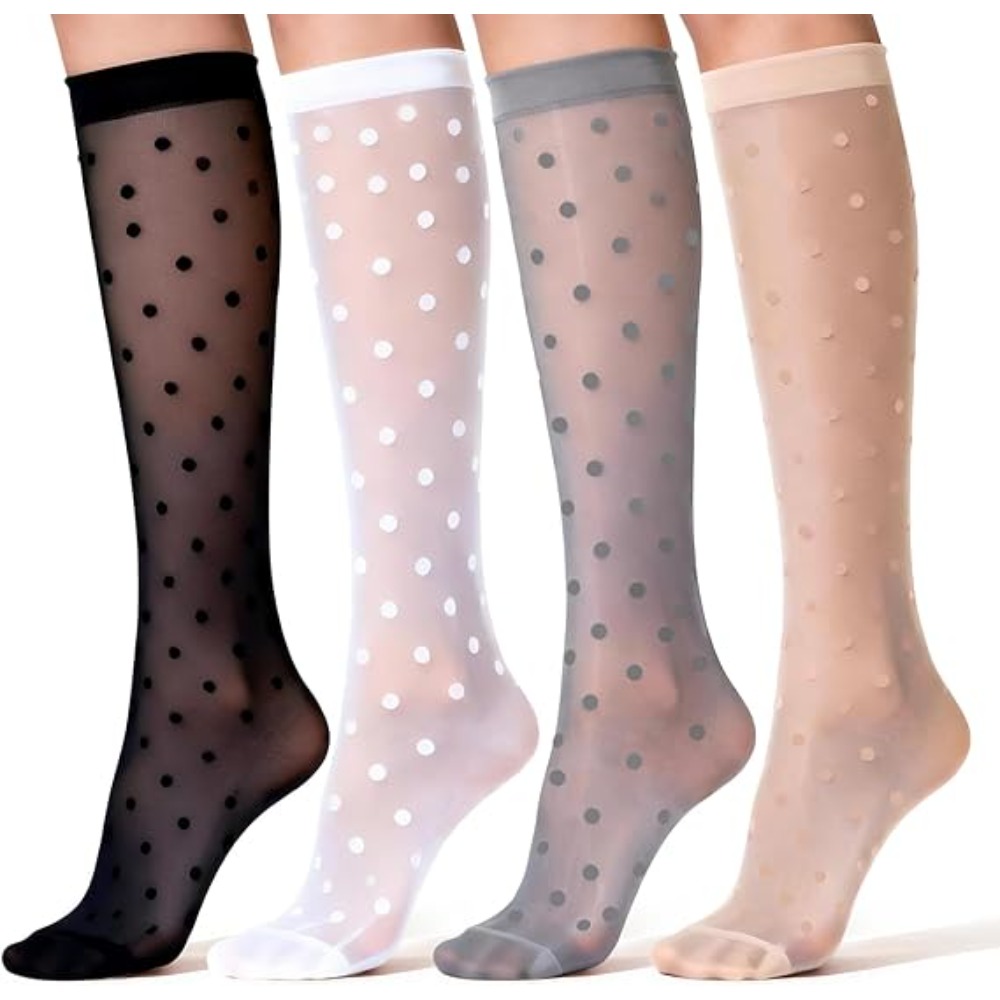 Image of 4 Pairs Of Vintage Polka Dot High-waisted Calf-length Socks, Breathable Mesh Mid-calf Socks, Lightweight Long Socks For Women In Summer