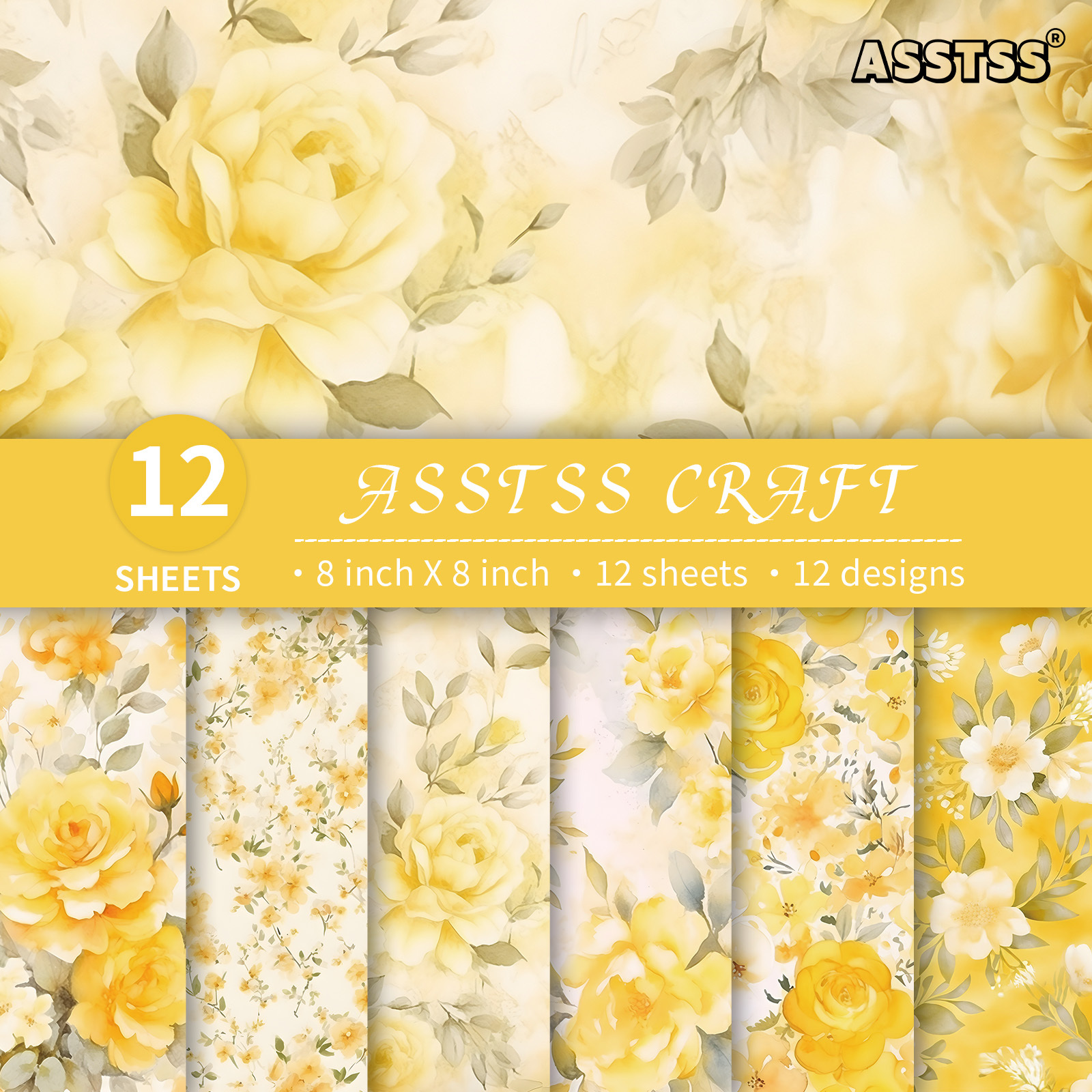 TEMU 12-sheet Asstss Heavyweight Scrapbooking Paper Pad - Warm Yellow Watercolor Floral Suitable For Journaling, Collage Art, Greeting Cards,