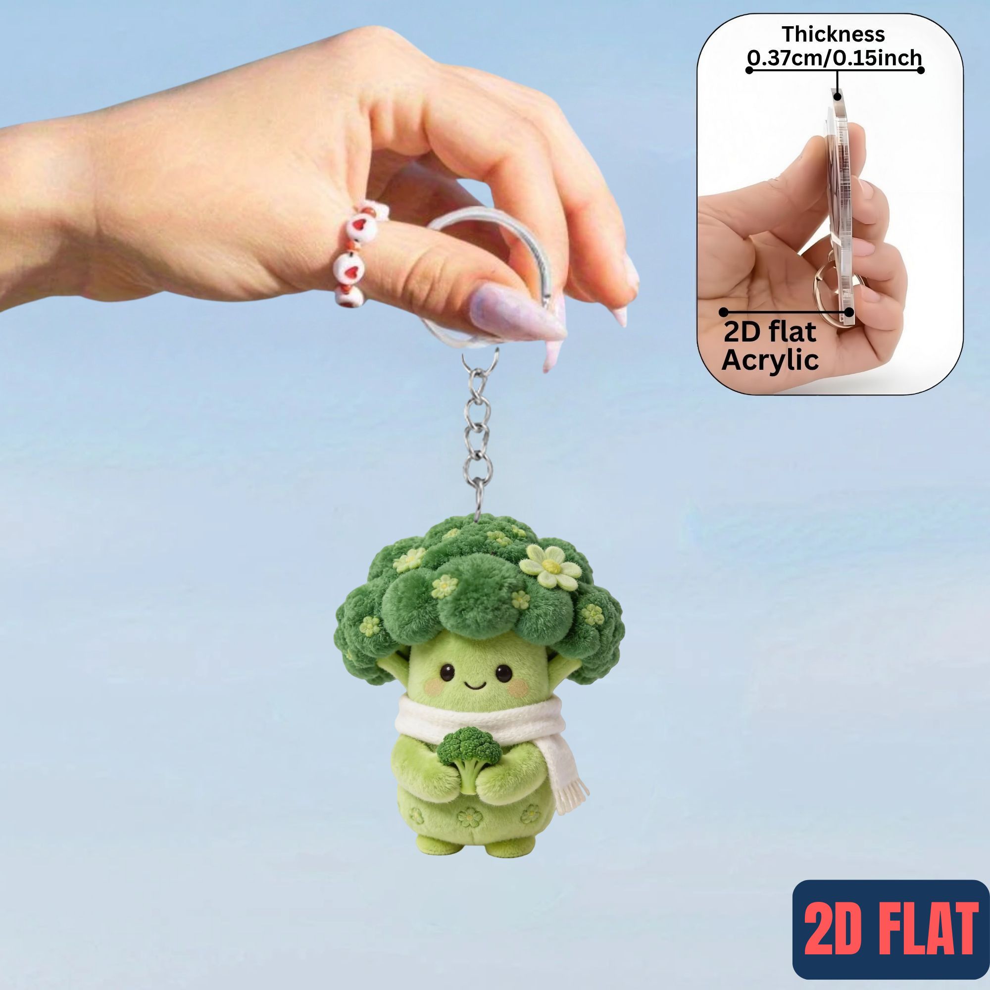 TEMU 2D Flat, //5 stk, Søte tegneserie broccoli akryl nøkkelringer, perfekt for vegetarer og broccoli-entusiaster, for veskeutvidelser, bilpynt,