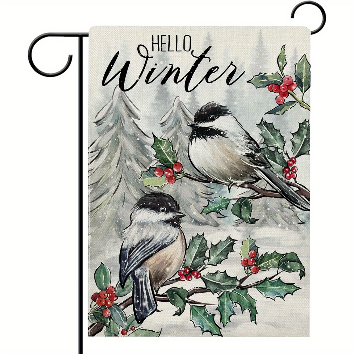 TEMU 1pc, 2d Flat Hello Winter Chickadee Holly Winter Garden Flag, No Electricity Needed, 12 Inches X 18 Inches, Very Suitable For Gardens, And