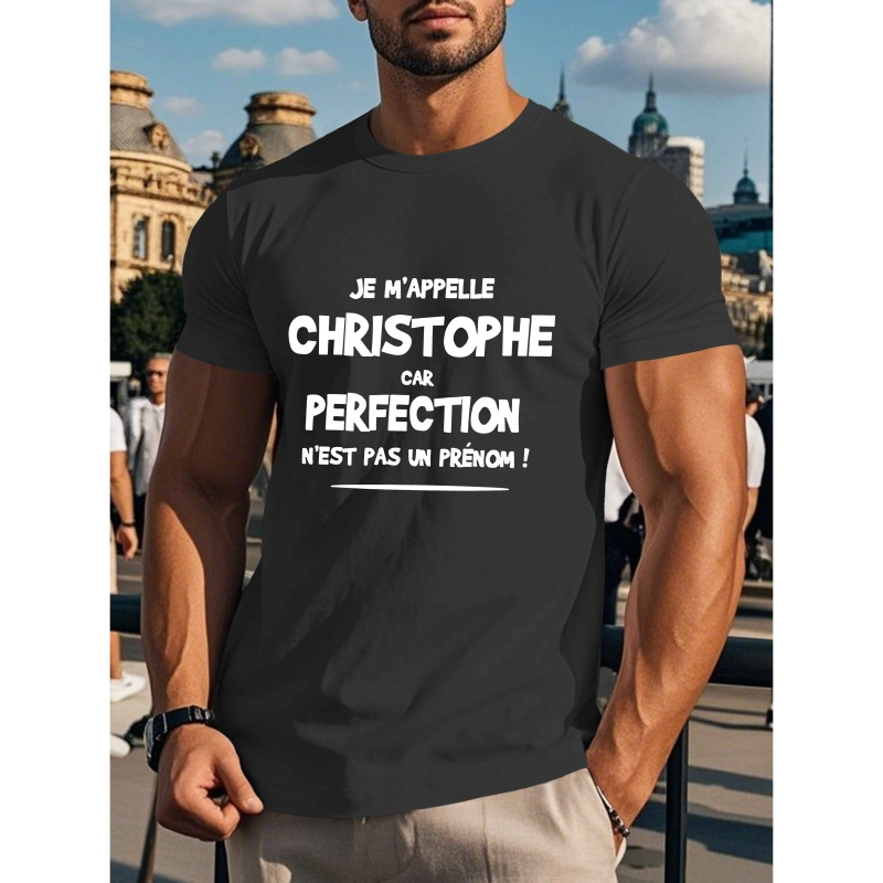 

T-Shirt Homme avec Française Amusante - , 100% Polyester, Manches Courtes, Col Rond, Haut Décontracté d'Été avec Imprimé Géométrique, Lavable en Machine