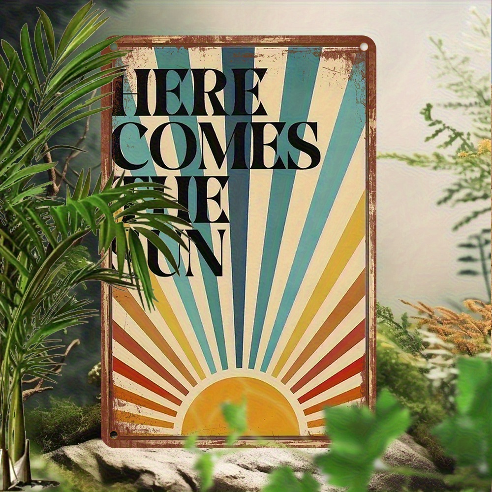 E-shop 2D Flach, 1 Stück Retro "Here The Sun" Metall Wandschild - UV-bedruckt, staubgeschützt & für Innen-/Außendekoration geeignet für Zuhause, Büro,