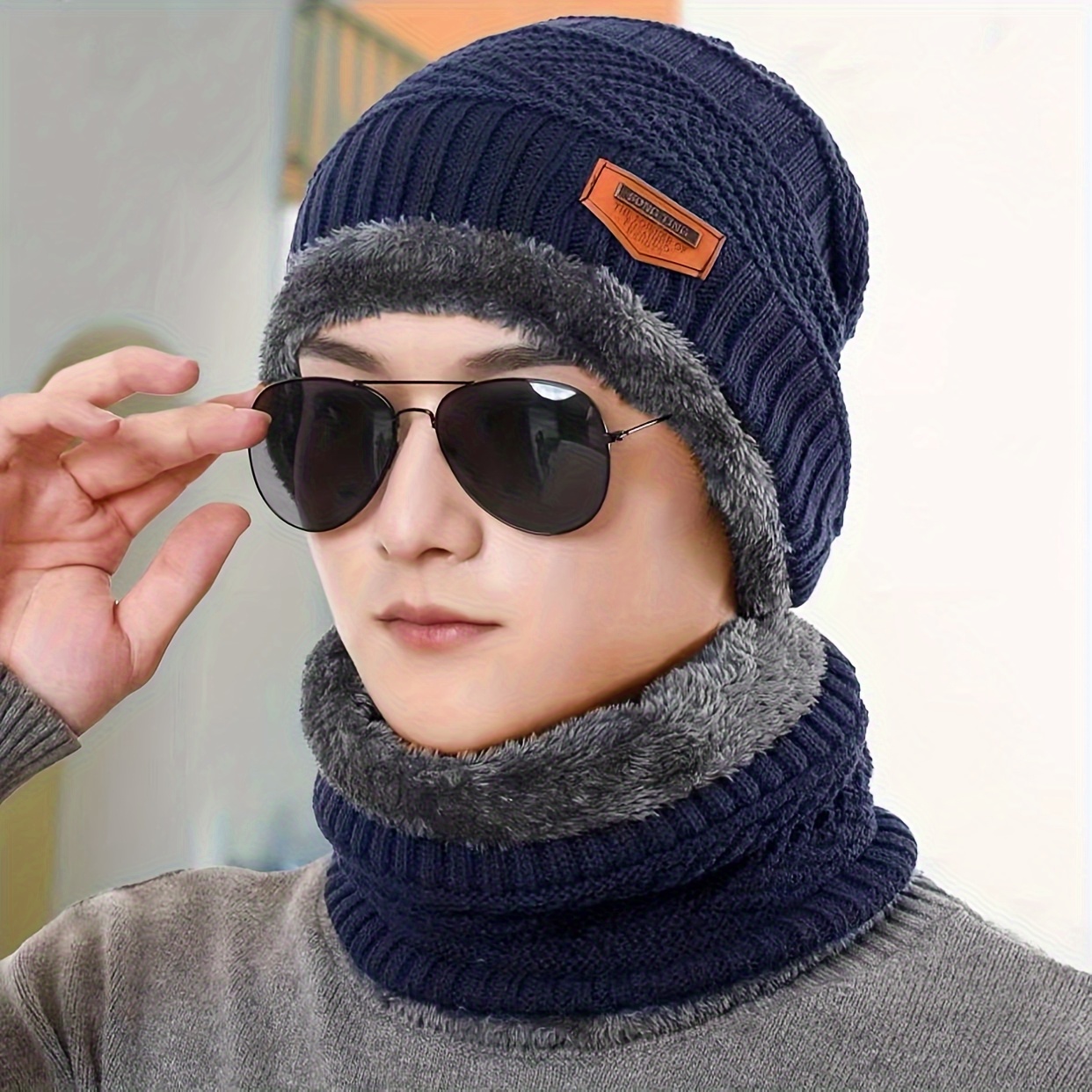 TEMU 2pcs Men's Winter Warm Knitted Hat And Neck Gaiter Set - Thickened Heavy-duty - Machine Washable Skiing, Snowboarding, Outdoor Cold Weather Gear