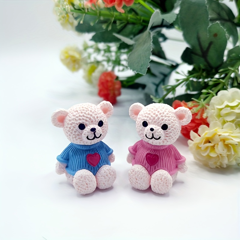 Image of 2pcs Cute Mini Heart Bear Figurine | Mini Plush Teddy With Knitted Shirt, In Pink, Blue, Yellow - Ideal For Home, Car, Or Office Decor, Perfect Gift Or Accessory