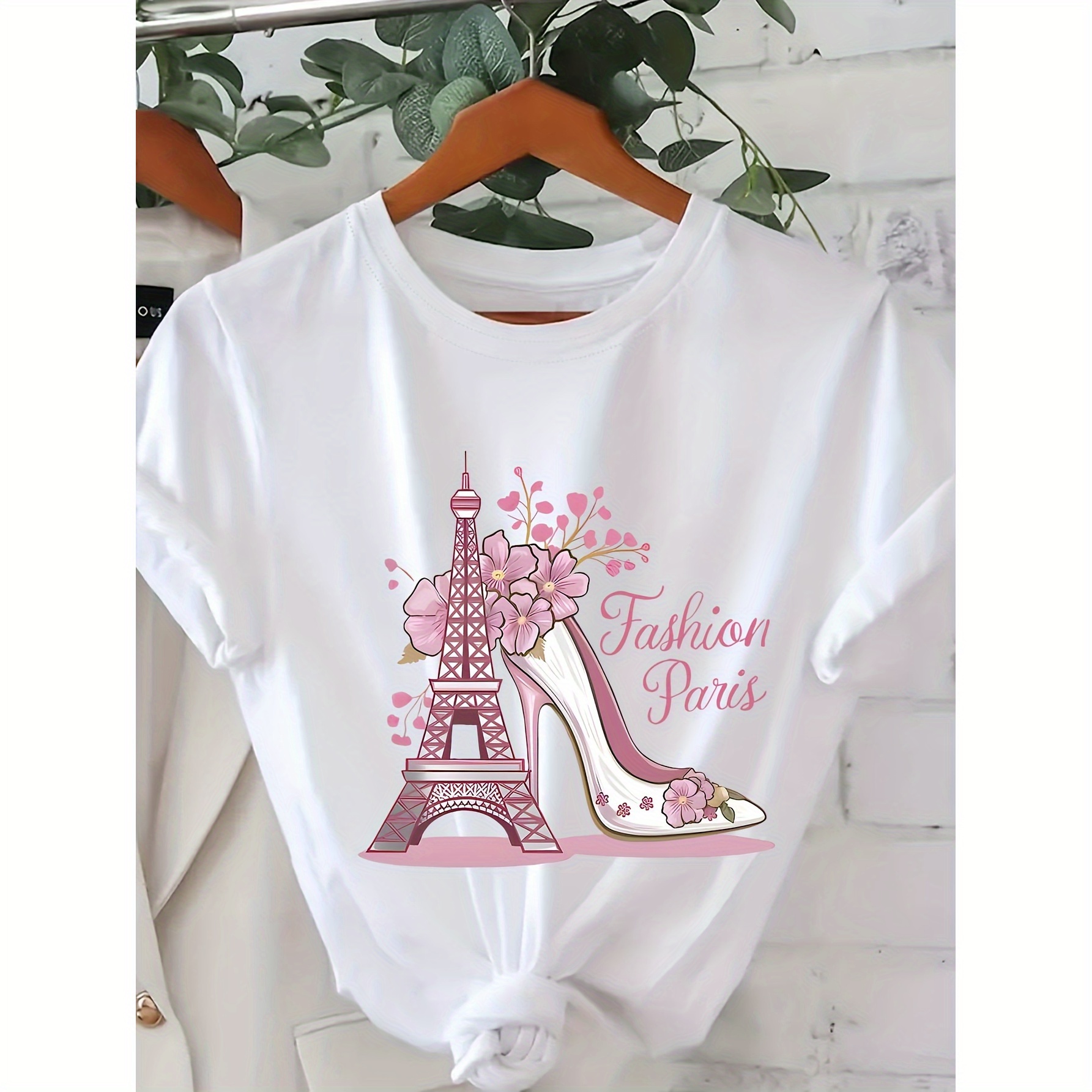 

Chic & High Heels Graphic Tee For Women- Soft Polyester , Short Sleeve Crew Neck, Relaxed Fit, Casual Summer& Spring Top With Floral Accents, Travel& Outdoor Activities