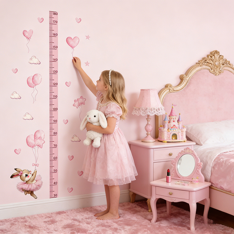 Image of 2pcs Brup Removable Cute Ballet Rabbit Pink Balloons Clouds Hearts Kids Height Chart Wall Sticker For Nursery Bedroom Living Room Decor,school Decoration,school Decor