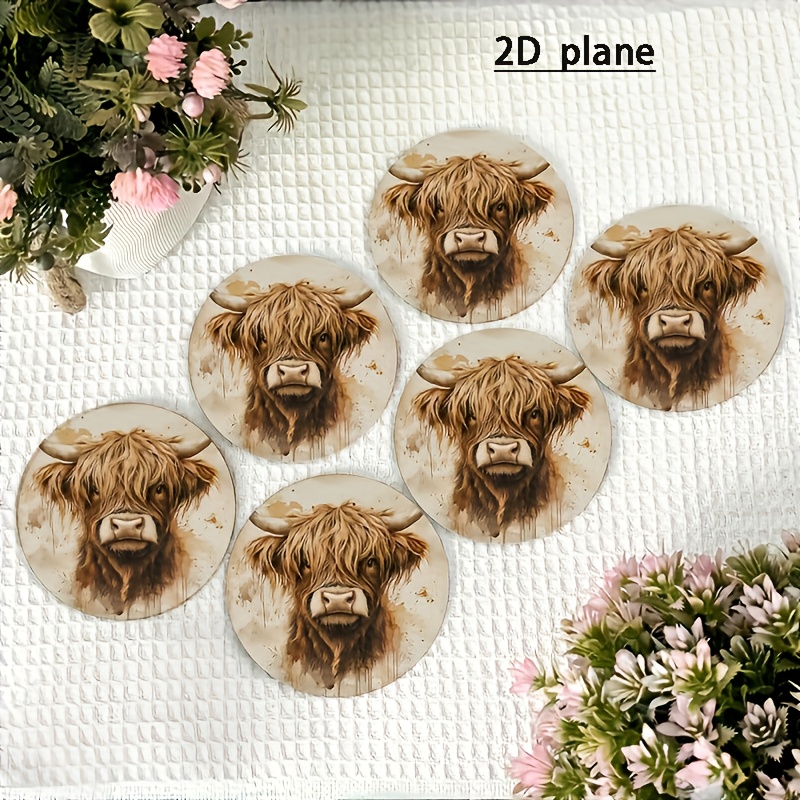 TEMU 6pcs Set 2d Flat Wooden Heat-resistant Coaster Set Highland Cow Long Hair Coaster, Kitchen Table Heat-resistant Set, Essential Holiday Parties,
