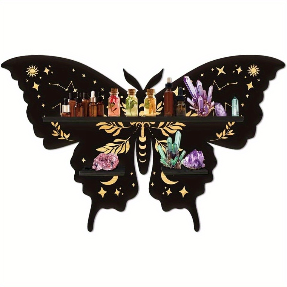 TEMU 1pc Gothic Moth Crystal Shelf - Vintage Wooden Wall-mounted Display For Stones, Rocks, Crystals | Black With Golden Accents, Home Decor, Room