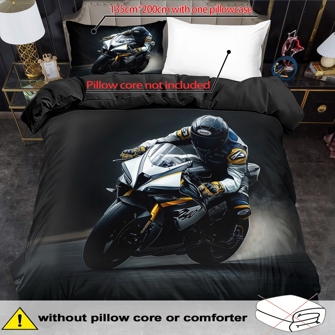 E-shop 2/3-teiliges Bettbezug-Set, Motorrad Sport Bedrucktes Bettbezug-Set, King- und Queen-Stil Bettwäsche, Polyester Maschinenwaschbar,